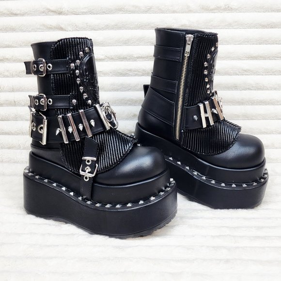 Stud & Skull Patch Black Matte Bear 150 Platform Ankle Boots Goth Punk Rave - Picture 8 of 15
